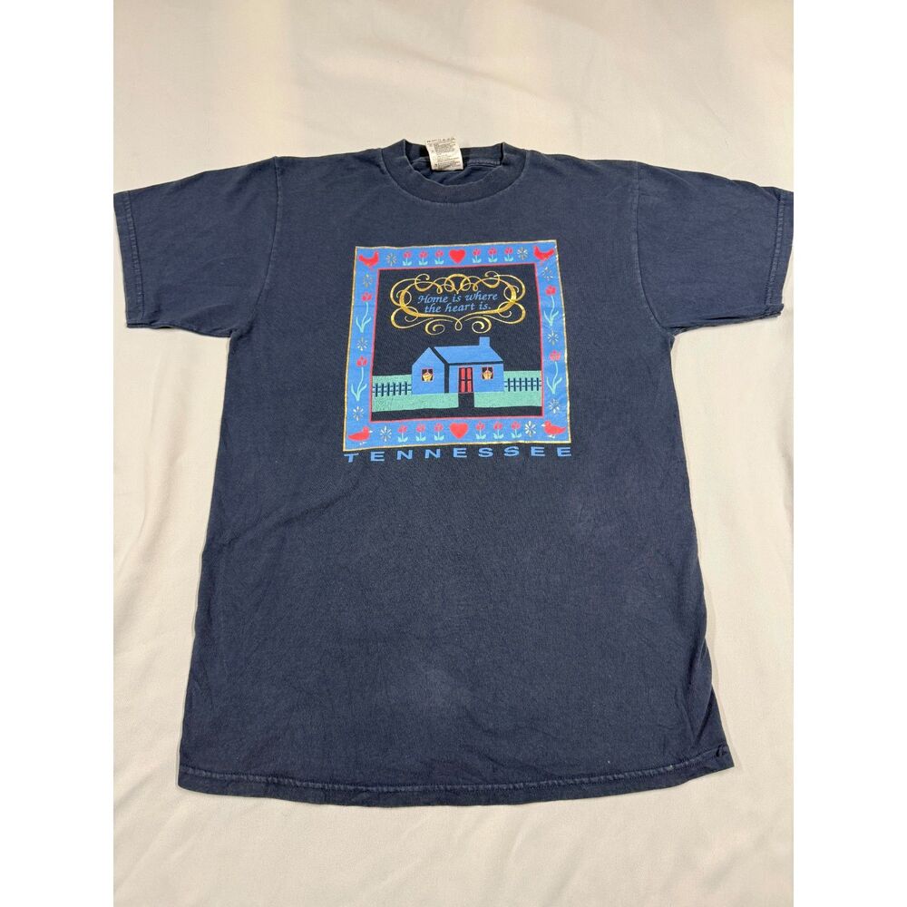 Tennessee Home Is Where The Heart Is Graphic T-Shirt Navy Folk Art Tee Size Medi